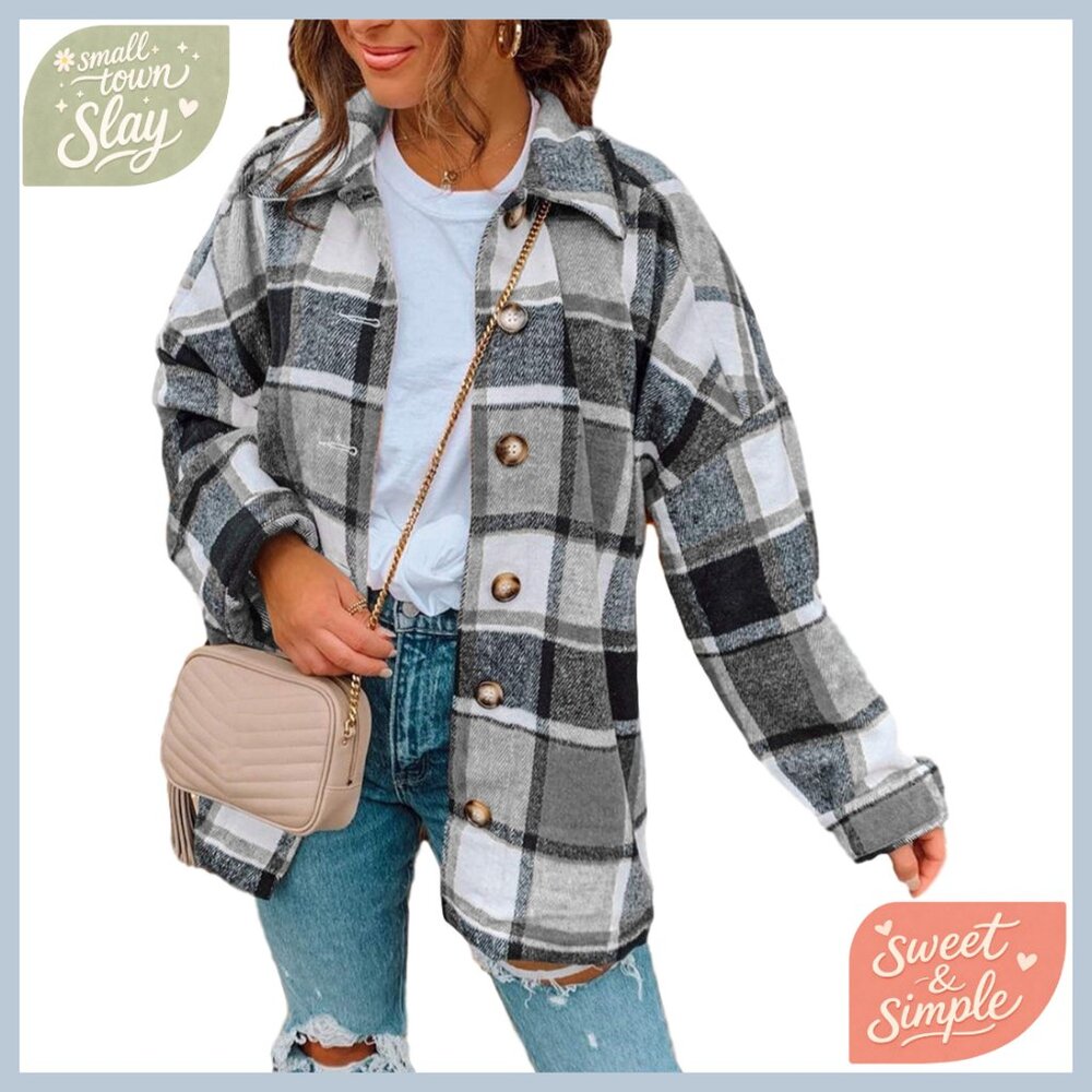 Oversized Flannel Shacket Button Down Casual Jacket Long Sleeve